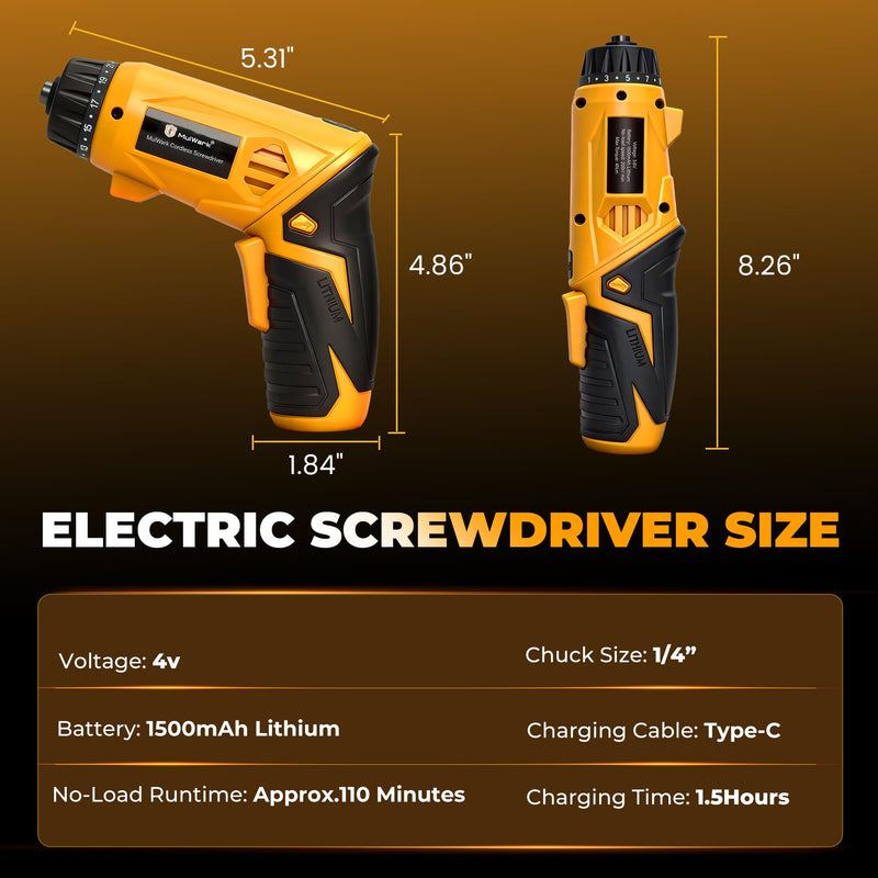 MulWark Electric Screwdriver Set, 4V Cordless Screwdriver with 46 Precision Driver Bit Set in Carrying Case Rechargeable 2-Position Handle, Powered Screwdriver Kit for Home Improvement, DIY Projects Yellow Medium