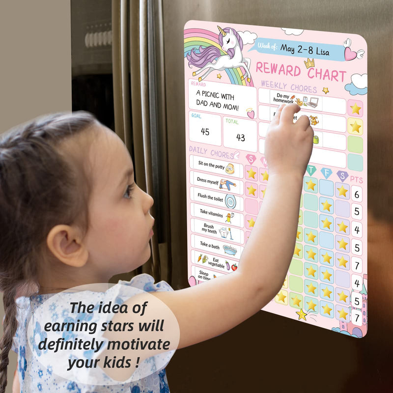Magnetic Dry Erase Chore Chart for Two Kids, Reward Chart for Kids Behavior. Includes 52 Static Tasks, 126 Golden Stars and Unicorn & Iridescent Mermaid Magnetic Charts Each Unicorn+Mermaid