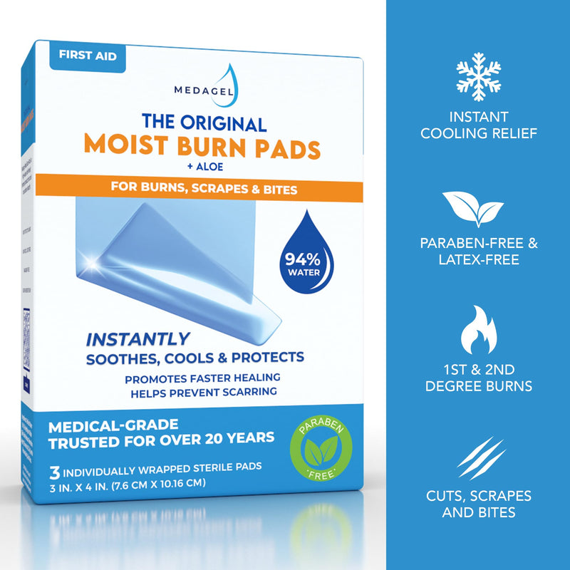 The Original Moist Burn Pad - Hydrogel Healing Pads, Soothing & Moist Skin Care Patch for Burns & Wounds, 2” x 3” Dressing 2x3