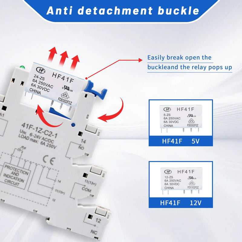 (10Pcs) 24V Relay Din Rail;Silm;Signal Relay for PLC;24VDC and 24VAC Both;HF41F/24-ZS 5 Pin 1NO 1NC 6A SPDT with LED Indicator with Socket Base;Max 6A 250VAC;24 Coil dc/ac 10