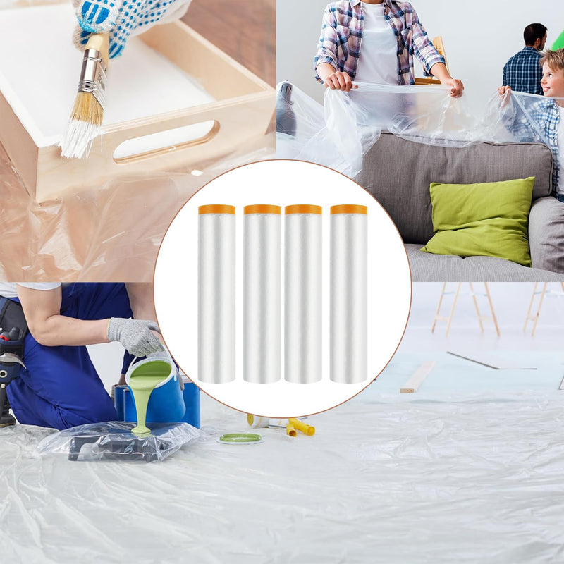 4 Rolls Pre-Taped Masking Film Plastic Sheeting Painters Plastic with Tape Paint Adhesive Protective Film Roll for Painting Covering Walls Windows Auto Body, 8.8 x 65 Feet