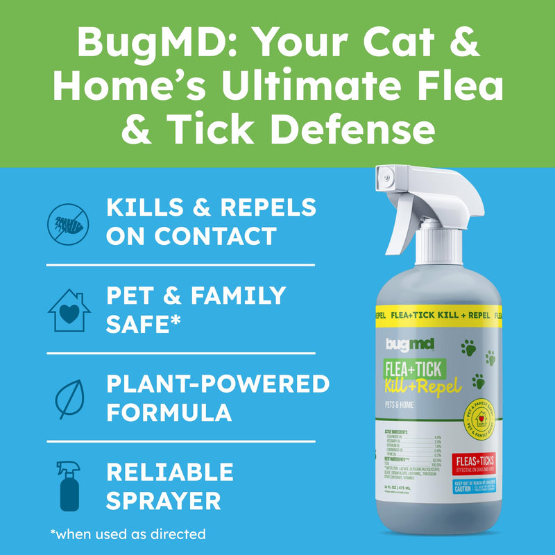 BugMD Pet Safe Flea Spray for Cats & Home | Natural Indoor Flea Killer & Tick Prevention | Plant-Based Flea Treatment for Carpet, Furniture & Cat Trees with Essential Oils