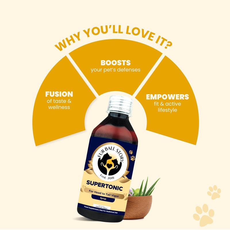Fur Ball Story Supertonic Syrup - Boosts Your pet’s defenses | Supports Holistic Wellness | Vanilla-Flavoured Supplement for Dogs & Cats (6.76 fl Oz)