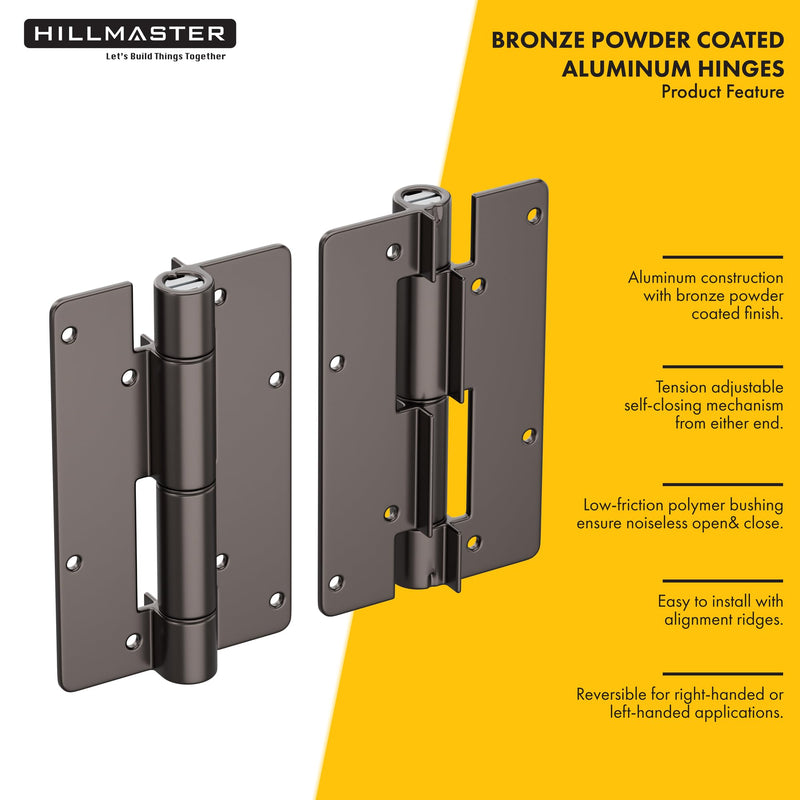 Self Closing Aluminum Gate Hinge for Metal Gates,5-3/4"Fence Door Hinges with Adjustable Tension for Vinyl&PVC Fence,Non-Legged Design Fence Hinges for Indoor Outdoor,Gate Hardware,2Pack,Satin Bronze Satin Bronze