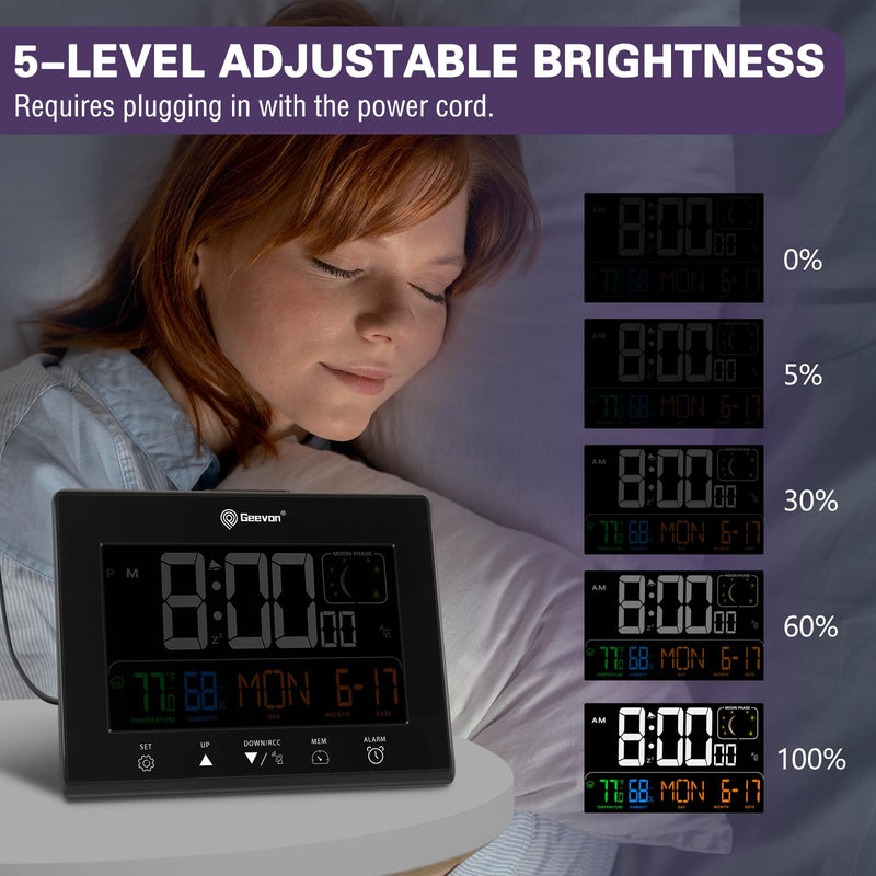 Geevon Digital Atomic Alarm Clocks for Bedrooms, Color VA Display Atomic Clock with Indoor Temperature and Humidity, DST, Dimmable Backlight, 2 USB Ports, Calendar, and Moon Phases