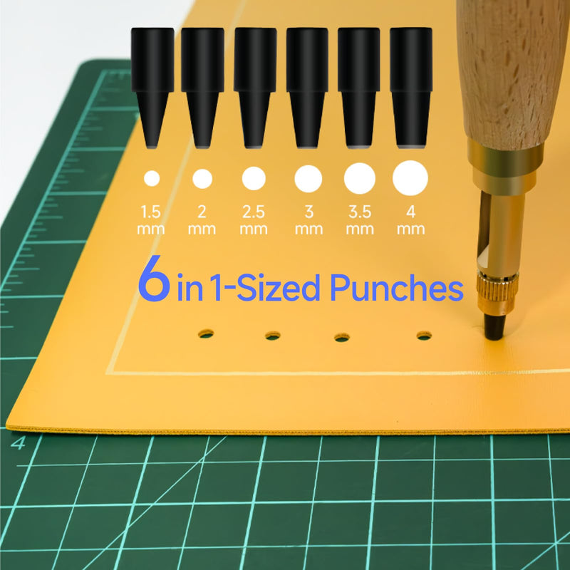 KEARING Wooden Screw Punch - 6 Sizes Adjustable Leather & Paper Hole Punch | Automatic press-down hole punch for bookbinding and leathercraft. Includes 6 interchangeable bits from 1.5mm to 4.0mm.