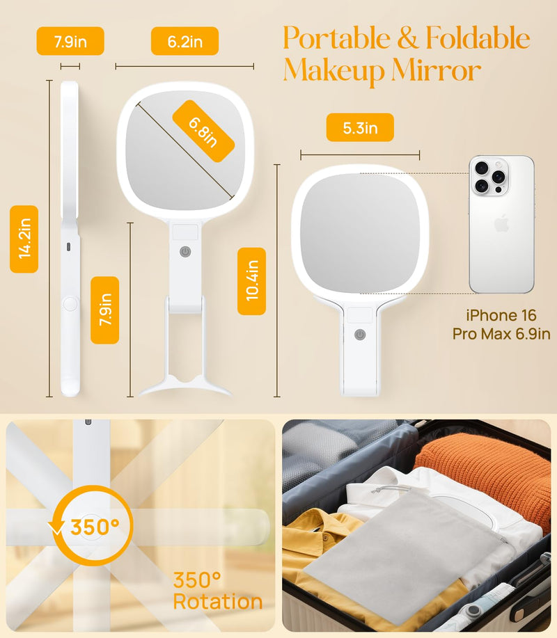Gospire 6.8" Travel Vanity Mirror, 3-in-1 Hanging/Handheld/Desktop Use with Dual-Side Buttons, 1X/10X Magnification, 3-Color Dimmable LED, Auto Memory + Velvet Pouch (White) White