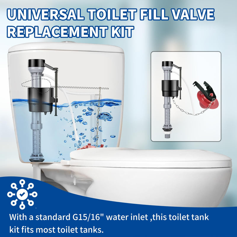 Toilet Flusher Replacement Kit, Universal Toilet Fill Valve with 2-Inch Flapper, Adjustable Rubber Float Valve, Quiet and Easy Install Toilet Repair Kit Inside Tank (1-Pack)