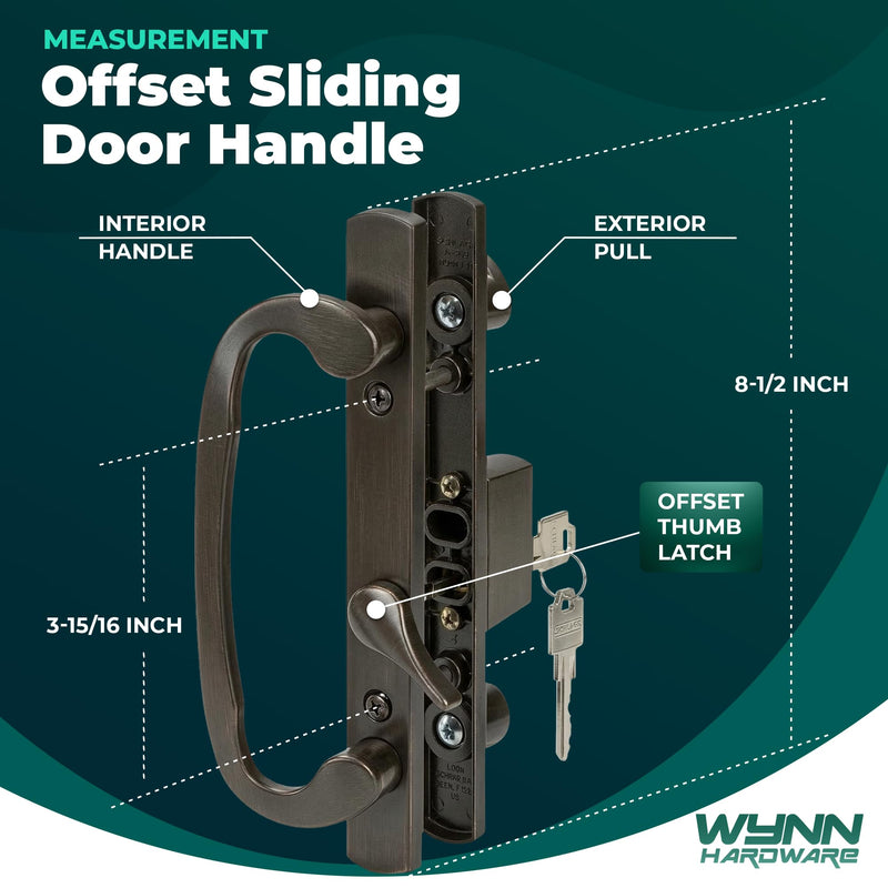 8.5" Legacy Sliding Patio Glass Door Offset Latch Bronze Handle Set with Keys - Sash Controls 2265 Keyed Lock - Fits 3-15/16" Screw Hole Spacing and 1-1/4" to 2-1/4" Door Thickness