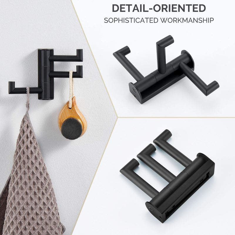Angle Simple Swivel Towel Hook 3 Arms, SUS 304 Stainless Steel Foldable Bathroom Robe Towel Hook, Wall Coat Holder, Matte Black 1 Pack