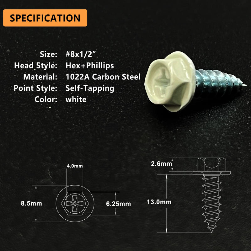 Self-Tapping Gutter Screws White Painted Hex Head #8 x 1/2" Zinc Plated Finish, 100 Pieces, Socket Bit Included
