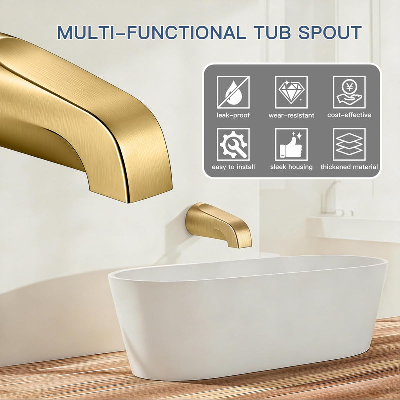 Brushed Gold Bathtub Spout Without Diverter, All Metal,5.3 Inch Tub Spout, Fits 1/2" Copper Slip-On and 1/2" or 3/4" IPS Threaded Pipes, Leak-Free, Slip Fit Tub Spout Without Diverter Brushed Gold