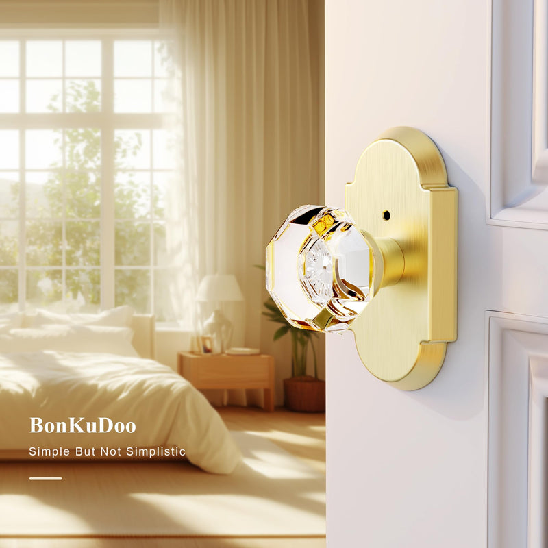 Gold Glass Door Knobs Interior Privacy Crystal Door Knobs with Lock for Bedroom/Bathroom, Satin Brass (1 Pack)