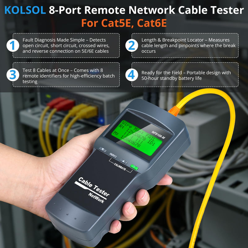 RJ45 Network Cable Tester Kit with 8 Remote Units, LAN Ethernet Length Meter for Cat5/Cat5e/Cat6/Cat6e Cables - Locate Breakage Point, Length Measurement & Continuity Checking