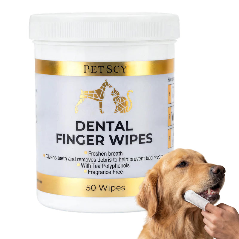 Petscy Dental Finger Wipes for Dogs and Cats – No Brush Teeth Cleaning Wipes for Fresh Breath & Oral Care – Green Tea & Tea Polyphenols – Fragrance-Free Pet Oral Cleansing - 50 Wipes