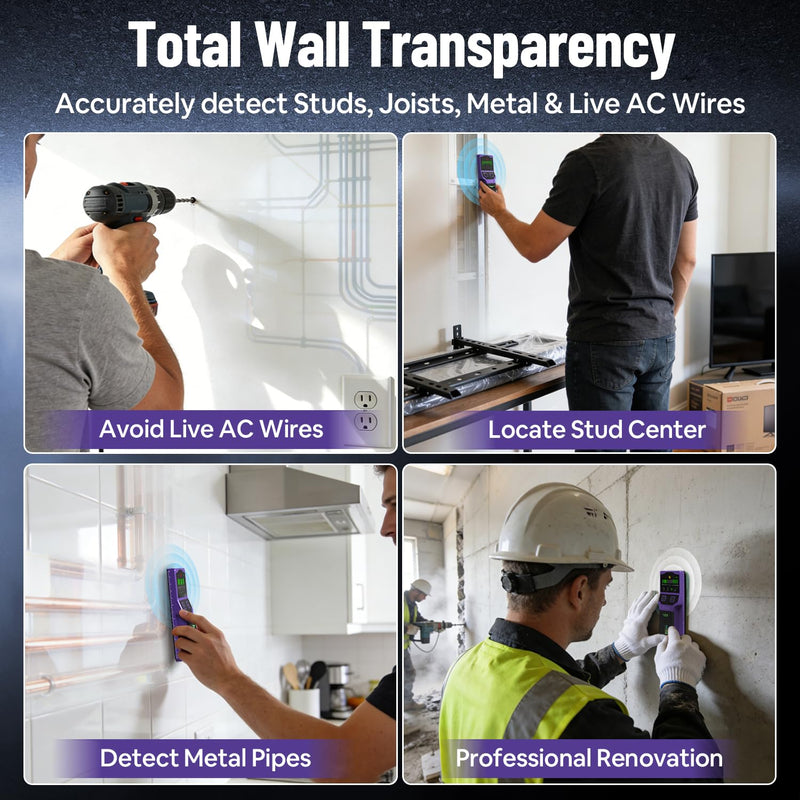 SUNMAY Stud Finder Wall Scanner, 7-in-1 Electronic Stud Sensor & Wall Detector for Center & Edge of Wood Metal Studs Joists AC Wire Pipe, HD LCD Display with Voice Alarm, Deep Scan Mode Purple