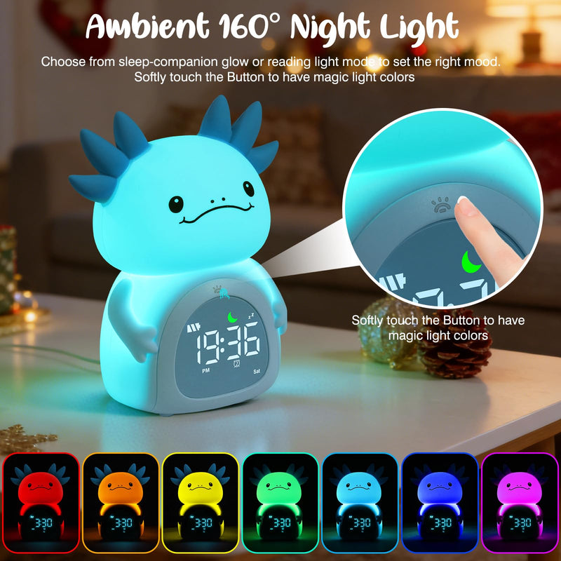 Axolotl Alarm Clock for Kids, Rechargeable Ok to Wake Clock with Night Light - BPA-Free Silicone Sleep Training Clock, Cute Toddler Wake Up Clock for Boys Girls Bedroom Blue Axolotl