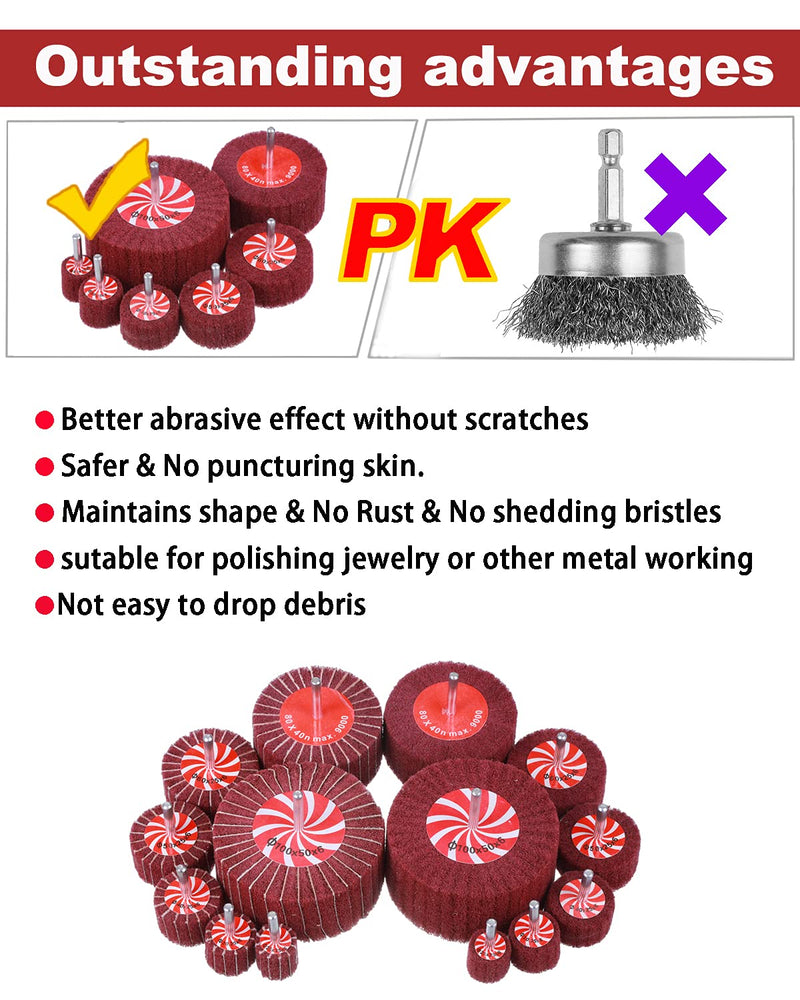 14 Pack Rocaris Buffing Flap Wheels - 7 Size Flap Disk - 1/4 Inch Shanks Fit All Drills - 80 Grits