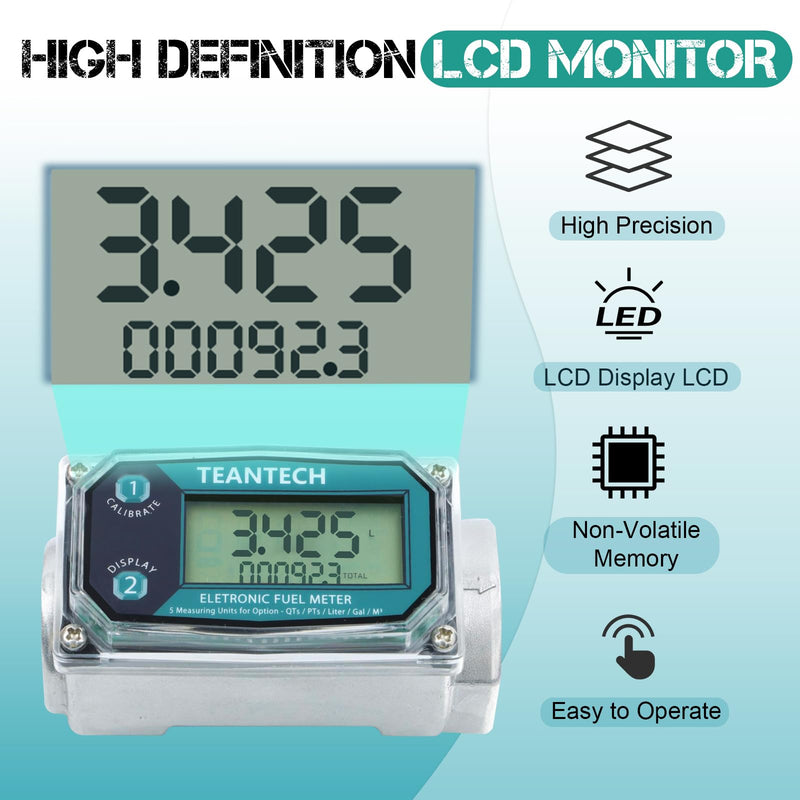 1Pack 1 in Digital Turbine Fuel Flow Meter with 3/4 in Adapters, High Accuracy Diesel Flow Meter with NPT Counter, Digital LCD with 5 Units, Auto Shut Off, for Gasoline/Kerosene/Water 1 inch & 3/4 inch Green
