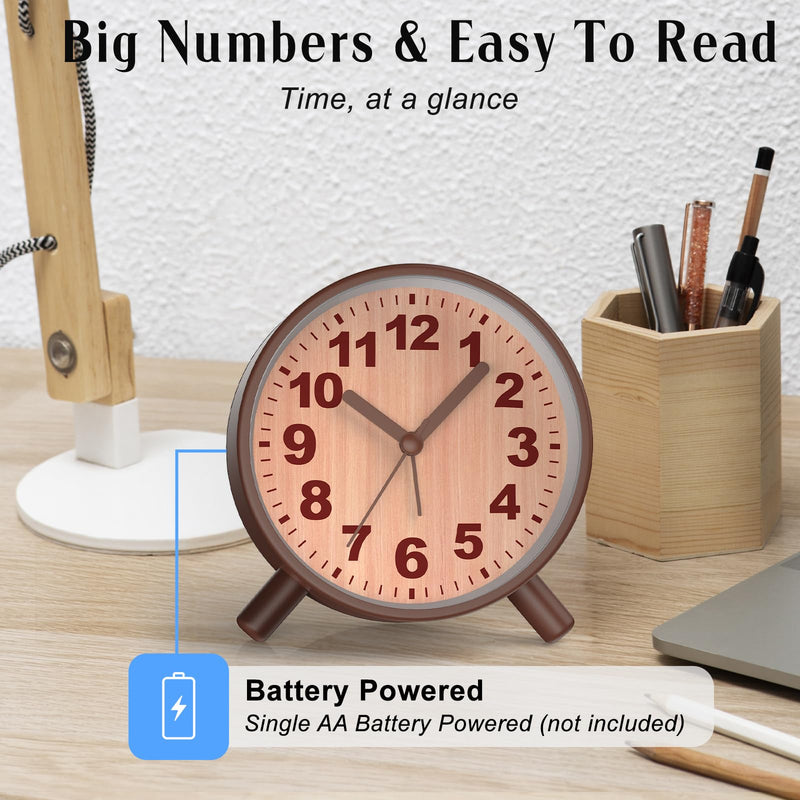 Retro Analog Alarm Clock with Night Light, Battery Operated, Easy to Set - Ascending Alarm, Snooze, Simple Round Metal Design for Bedroom, Desk, Bedside, Travel, Kids, Adults, Heavy Sleepers Brown