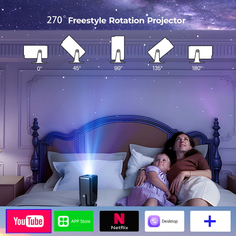 Mini Projector with Wifi 6 and Bluetooth 5.3, Portable Projector with 600 ANSI Lumens/ 5W Speaker/150“ Screen/Auto Keystone, 4K Movie Proyector for Outdoor Use, Home Cinema Smart Projector with APPS