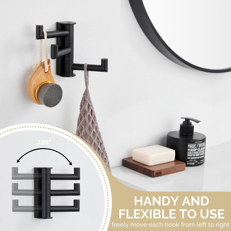 Angle Simple Swivel Towel Hook 3 Arms, SUS 304 Stainless Steel Foldable Bathroom Robe Towel Hook, Wall Coat Holder, Matte Black 1 Pack