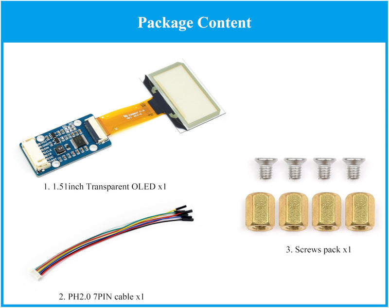 1.51inch Transparent OLED Compatible with Raspberry Pi 5/4B/3B+/3B/A+/Pi Zero W/Pi Zero 2W, 128 x 64 Resolution, SPI/I2C Interfaces, Embedded Independent Driver Chip, Light Blue Color Display