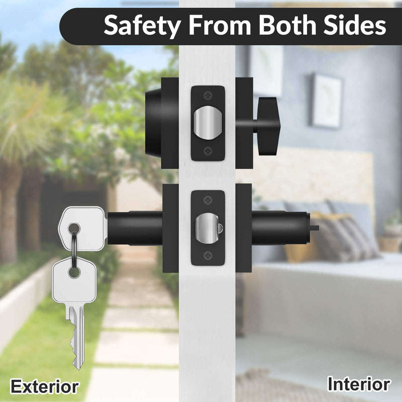 HOSOM Matte Black Entrance Door Lock Set with Single Cylinder Deadbolts, Heavy Duty Modern Sleek Square Door Handle with Lock & Keys on Both Sides