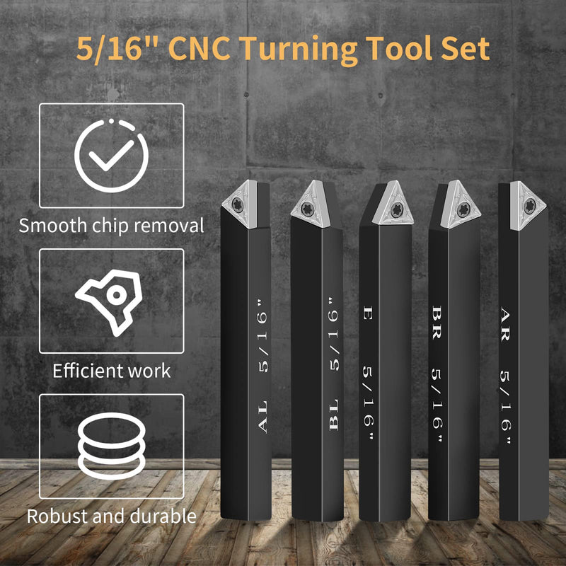 5/16" Indexable Carbide Turning Inserts Holder Set for Machining Lathes, 5 Pcs Set Metal Lathe Tools Inserts Bits with Carbide Inserts TCMT090204. 5/16"
