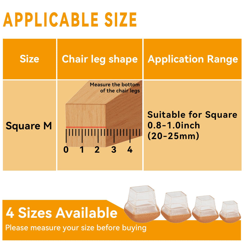 24pcs Chair Leg Floor Protectors for Hardwood Floor |Protect Wood Tile Floors Chair Leg Caps with Wrapped Felt Pads| Anti-Scratch Reduce Noise |Fit Angled Chair Legs| Clear Square M Fit:0.8"-1.0" 24pcs Clear Square-M (0.8-1.0inch)