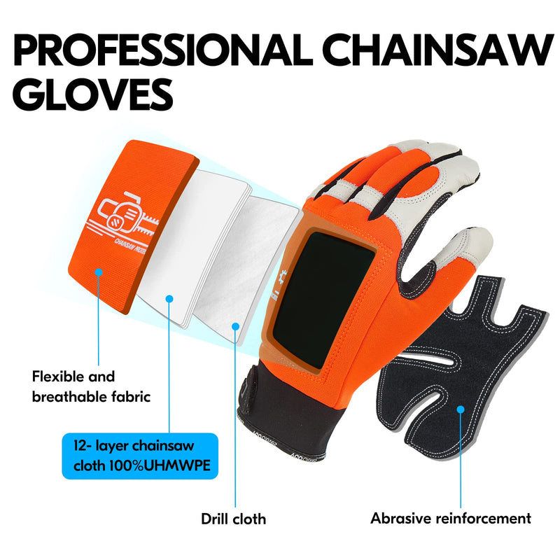 Vgo... Chainsaw Gloves,12-Layer Saw Protection on Left/Both Hand Back,Cow Leather Gloves,Touchscreen Large(Pack of 1) Orange-both Protection