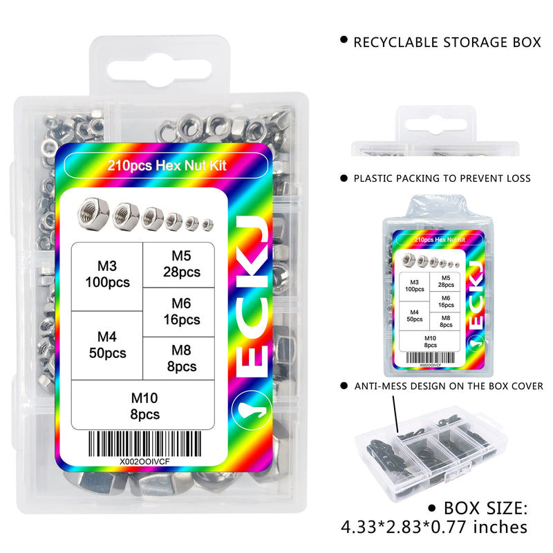 210PCS 304 Stainless Steel Hex Nuts Assortment Kit for Screw Bolt with 6 Sizes DIN 934 (M3 M4 M5 M6 M8 M10) Great Replacement Fasteners for Professionals, Repairmen or DIY, Meet Your Every Needs