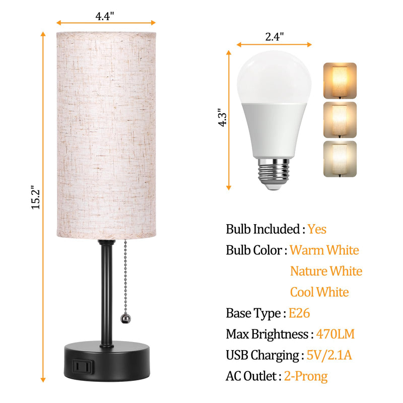 Dott Arts 15" Table Lamp for Bedroom, 3-Color Bedside Lamps with Pull Chain, Bedroom Table Lamps for Nightstand,AC Outlet Small Lamp for Living Room, Bulb Included 15 in Black