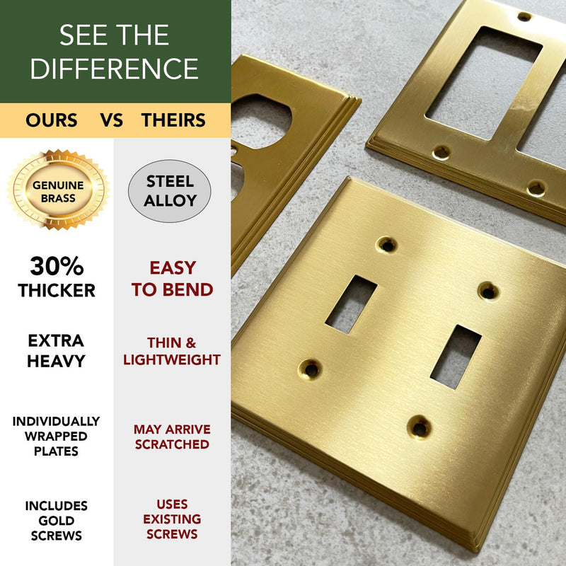 Rio Salto BRASS Modern Metal Gold Toggle Light Switch Covers Wall Plate Single Toggle Switch Wallplate Decorative Gold 1 Gang Wall Switch Plate Covers Genuine Brushed Brass Standard Size Toggle Switch 1-Gang (1-Pack)
