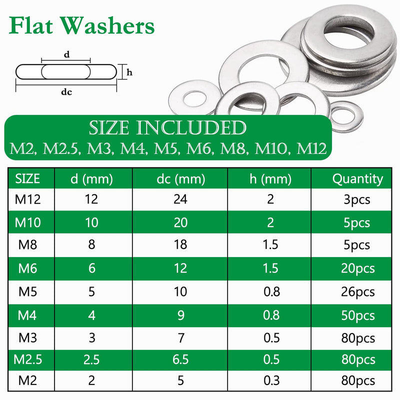 1000PCS Flat Washer and Spring Lock Washers Assortment Kit, 304 Stainless Flat Washers for Screws, 9 Metric Sizes Washers for Bolts -M2,M2.5,M3,M4,M5,M6,M8,M10,M12, Lock Washer Set M2 -M12 (1000PCS)
