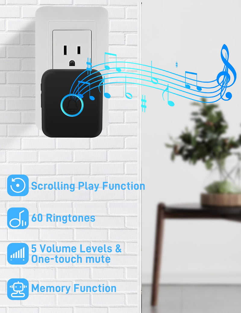 Wireless Doorbell, Waterproof Door Bell Operating at 1000ft with 60 Chimes & 5 Levels Volume for Home Classroom Office Hospital (1 Receiver & 1 Button, Black)