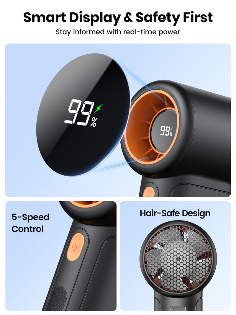 Warmco 10000mAh Turbo Portable Handheld Fan, [36H Long Runtime] USB Rechargeable Personal Mini Fan With 5 Speeds & LED Display for Travel Outdoor, Gift for Men and Women Black