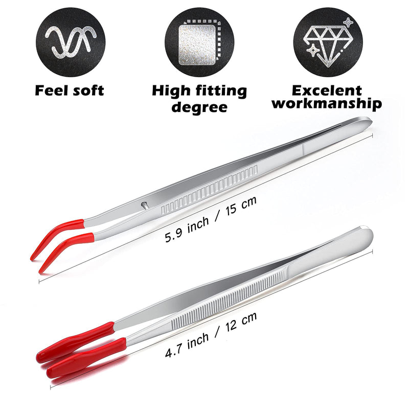 2 Pieces Bent Tip Tweezers with Rubber Tips PVC Coated and 2 Pieces Tweezers Rubber Coated PVC Soft Non Marring Flat Tips Lab Hobby Jewelry Craft Stainless Steel Tool(Red) Red