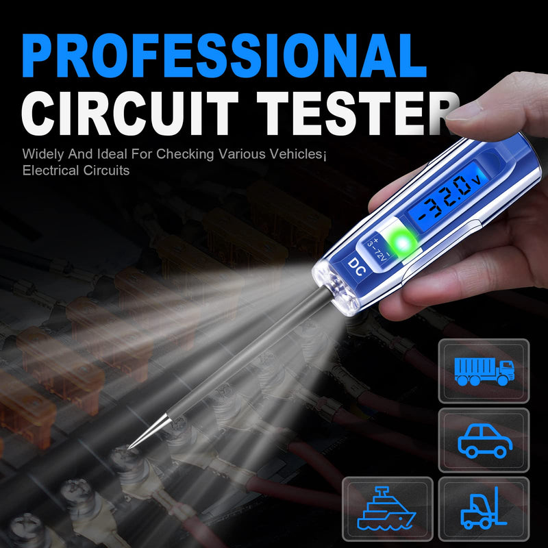 Upgraded 3-72V Automotive Circuit Tester with Voltmeter, Heavy Duty LCD Backlight Display Test Light with 140 Inch Extended Wire & Illumination, Bidirectional DC Voltage Tester Electric Light Test Pen 3-72V LCD Backlight Display