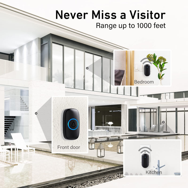 Wireless Doorbell, SECRUI Door bell Over 1000ft Coverage with 2 Plug-In Receivers, 1 Waterproof Push button, 52 Chimes, 110dB loud Sound Colorful LED Flash 2 Receivers 1 Push buttons Black