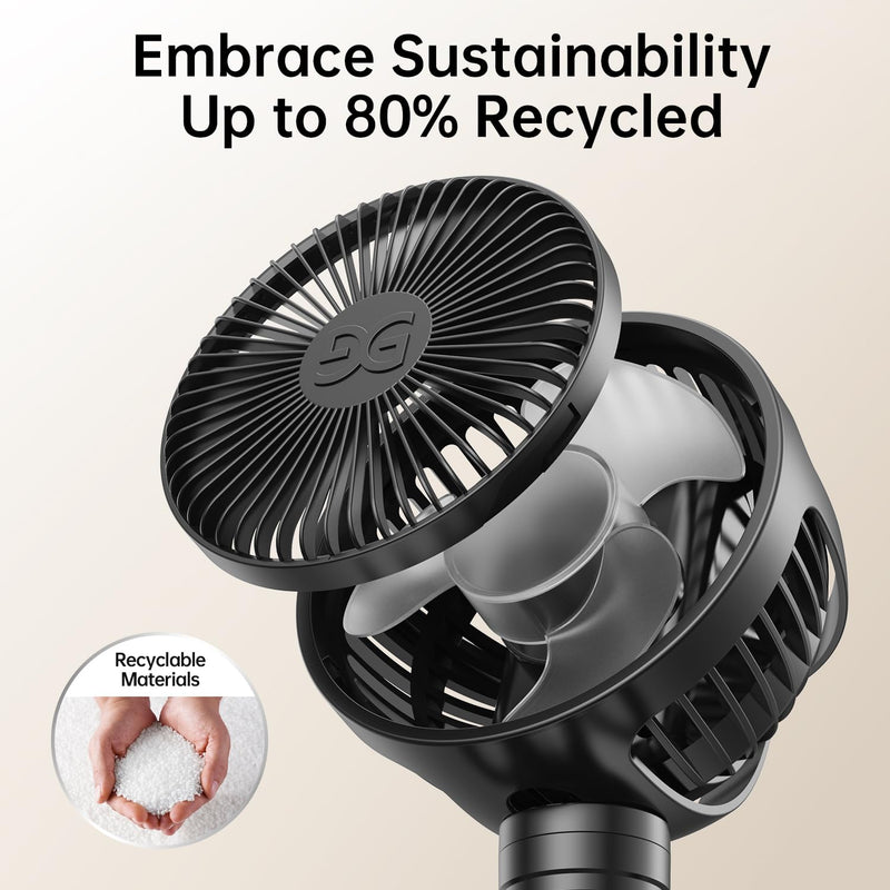 GUSGU Baby Stroller Fan with Clip, Rechargeable & Battery Operated Portable Fan with 16H Max Runtime, Hands Free 360° Adjustable Quiet Personal Fan for Travel, Car Seat, Crib, Trolley, Bedroom Black
