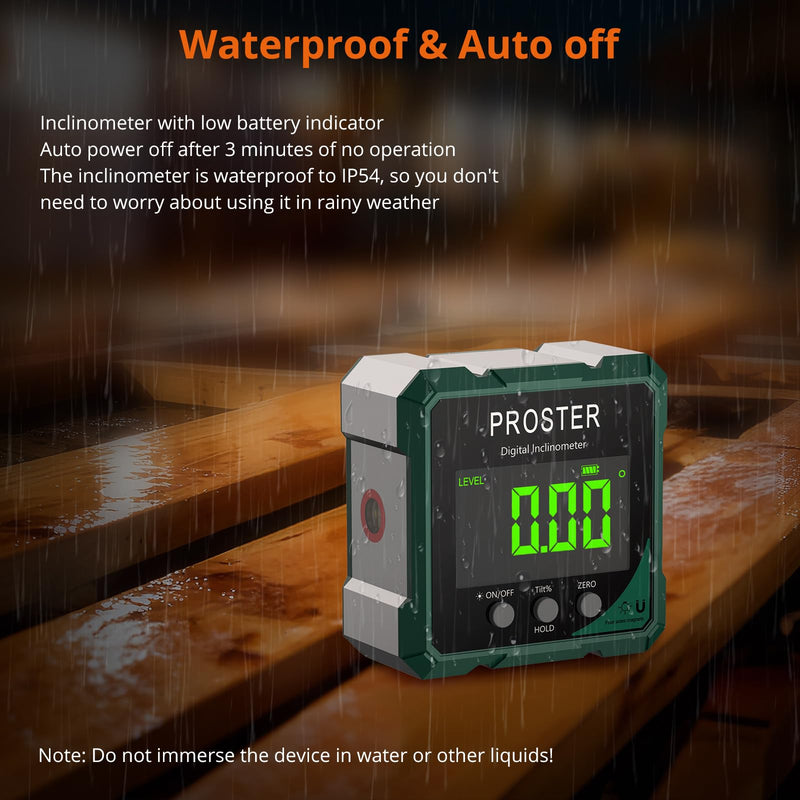 Proster Digital Angle Finder with Laser 4-Side Magnetic Angle Gauge IP54 Waterproof LCD VA Display USB-C Inclinometer Level Box for Woodworking Carpentry Building(Laser Level Class II,Output<1mW)