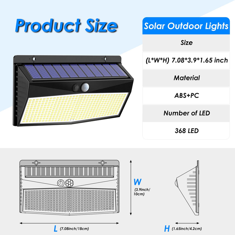 368 LED Solar Lights Outdoor Motion Sensor, Solar Fence Lights with 3 Lighting Modes, Solar Powered Security Lights Waterproof for Outside Yard Wall Garden Backyard Garage Black 1 Pack