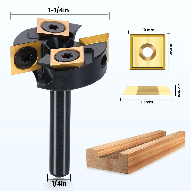 HQMaster Slab Flattening Router Bit 1/4" Shank, 1-1/4" Cutting Dia, ATS Coated 2+2 Flutes Tungsten Carbide CNC Insert Spoilboard Surfacing Router Planer Bit for Softwood, Hardwood, MDF 1/4" Shank x 1-1/4" Cutting Dia.