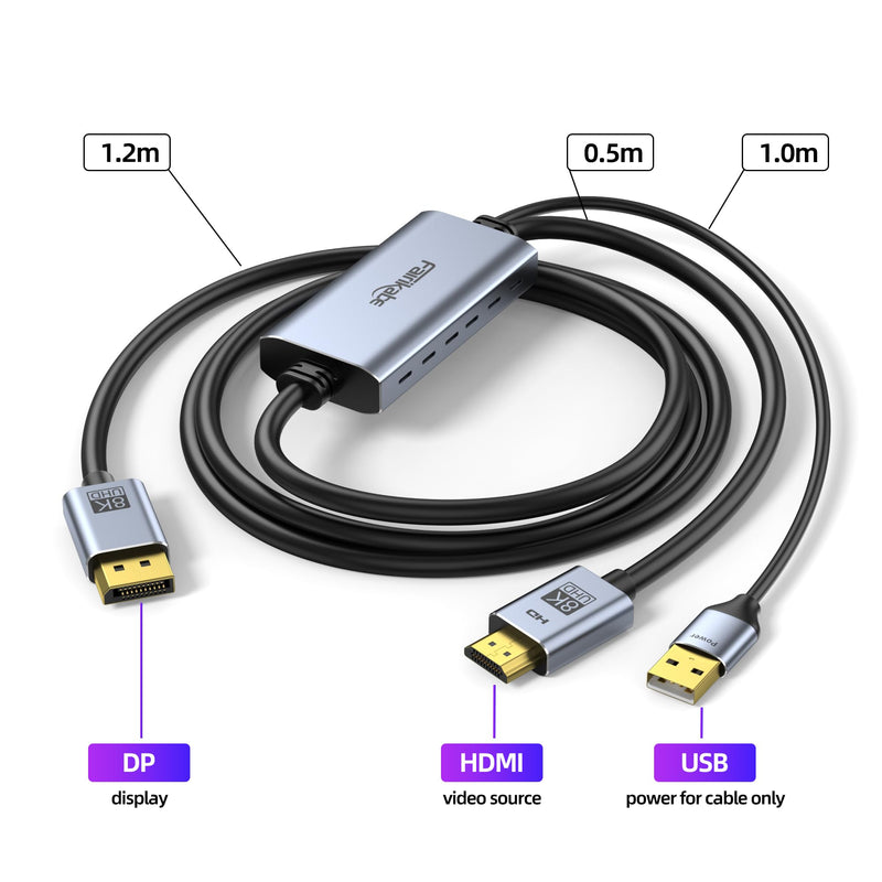 fairikabe 4K@144Hz HDMI 2.1 to DisplayPort 1.4 Cable Adapter 6FT, 4K@120Hz/8K Unidirectional Active HDMI Source to Display Port Monitor Cable 8K, Converter for Computer PC PS5 Xbox, Male to Male