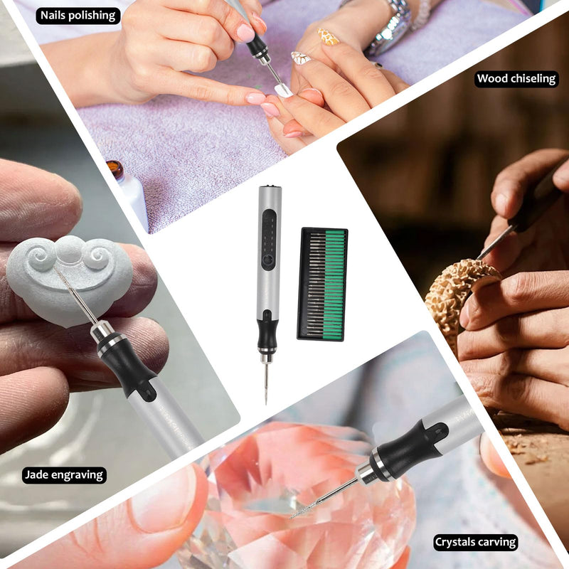Electric Engraving Pen with 37 Bits, USB Rechargeable Cordless Etching Engraving Tool, Portable DIY Rotary Engraver for Jewelry Wood Glass Stone Carving (Silver) Silver