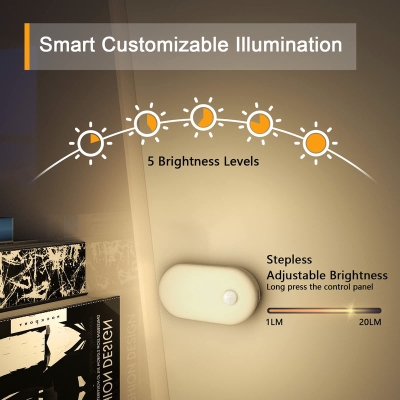 Lyridz Rechargeable Battery Night Light, Stick on Mini Motion Sensor Light Indoor Warm White 1-20LM LED Light with Stepless Adjustable Brightness for Bedroom, Kitchen, Stairs, Hallway, 2-Pack A. Warm White
