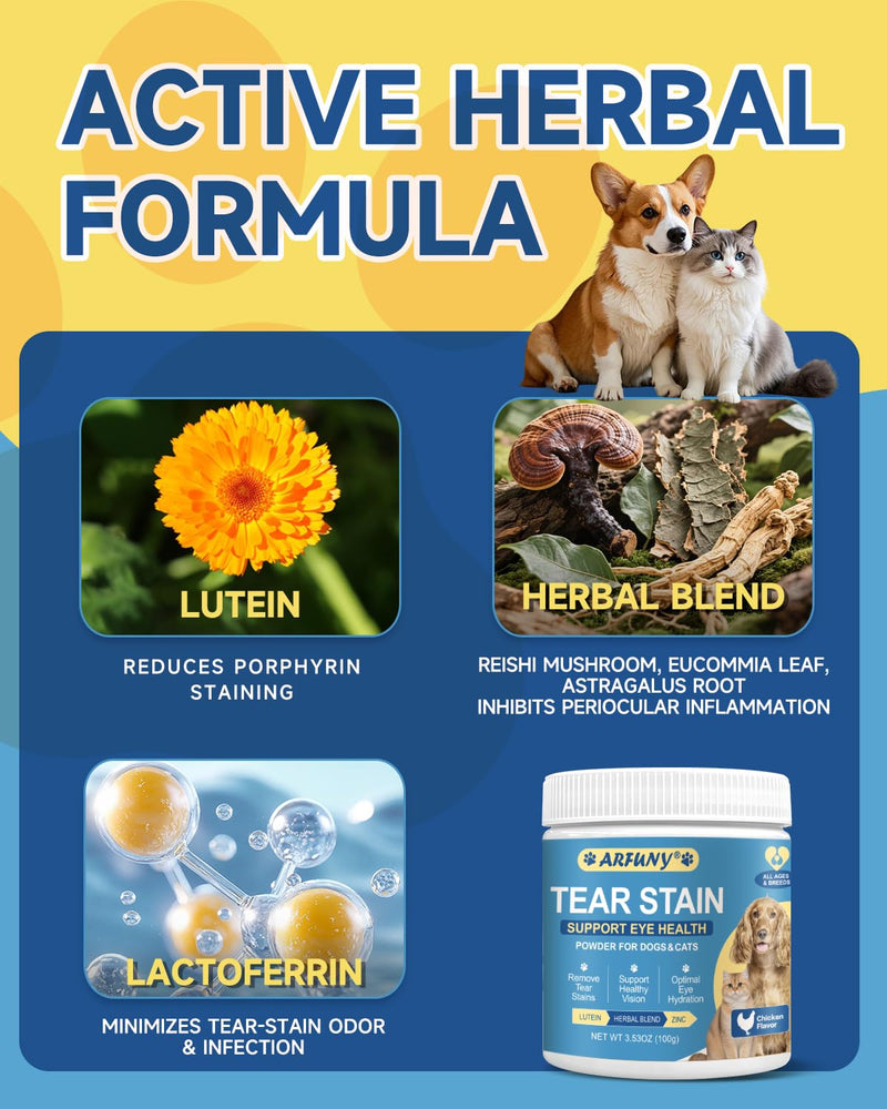 Tear Stain Remover for Dogs & Cats - Pet Tear Stain Supplement - Daily Support for Overall Eye Health - with Lutein, Zinc, Lactoferrin, Vitamins - Chicken Flavor Powder, for All Breeds