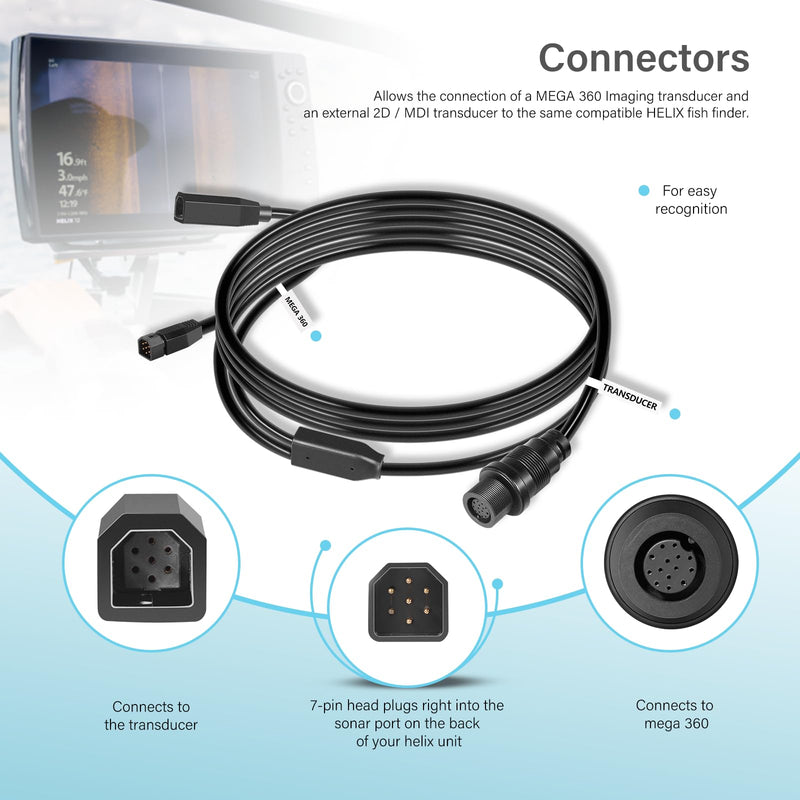 720107-1 9 M360 2DDI Y - MEGA 360 & 2D/MDI 7-pin Transducer Adapter Cable Y Cable Compatible with MEGA 360 and Helix 8/9/ 10/12/ 15 Fishfinder