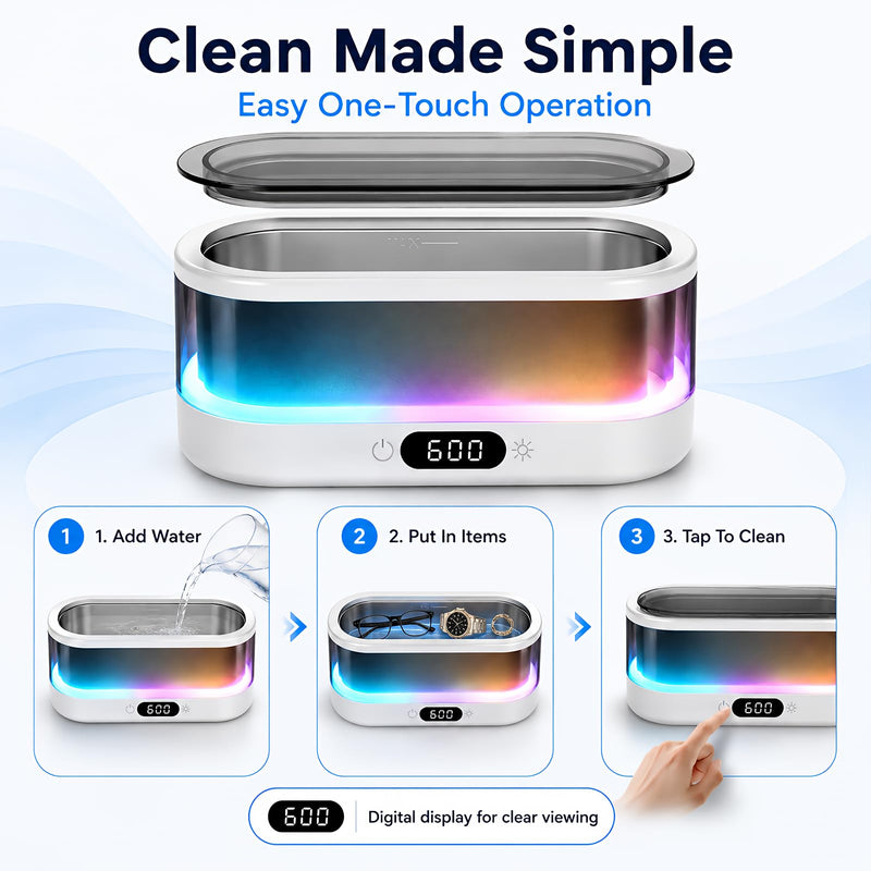 Ultrasonic Jewelry Cleaner, 48kHz Ultrasonic Cleaner Machine for Jewelry, Eyeglasses, Rings, Dentures, Watch Bands, 7-Color Flowing LED Light, 304 Stainless Steel, Digital Timer, Dual Cleaning Modes